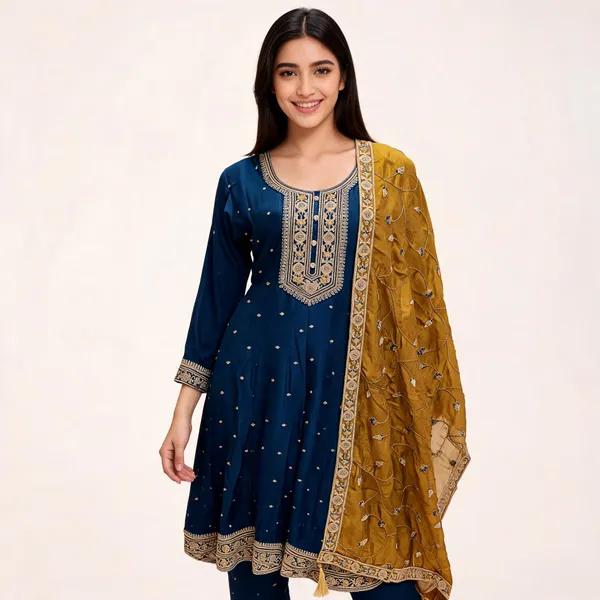 Teal_Blue_Vichitra_Anarkali_Top_Pant_Dupatta_Set_For_Women