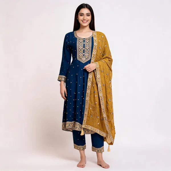 Teal_Blue_Vichitra_Anarkali_Top_Pant_Dupatta_Set_For_Women