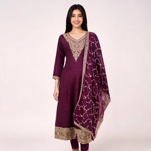 Wine_Vichitra_Anarkali_Top_Pant_Dupatta_Set_For_Women