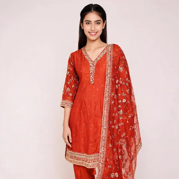 Burnt_Orange_Vichitra_Anarkali_Top_Pant_Dupatta_Set_For_Women