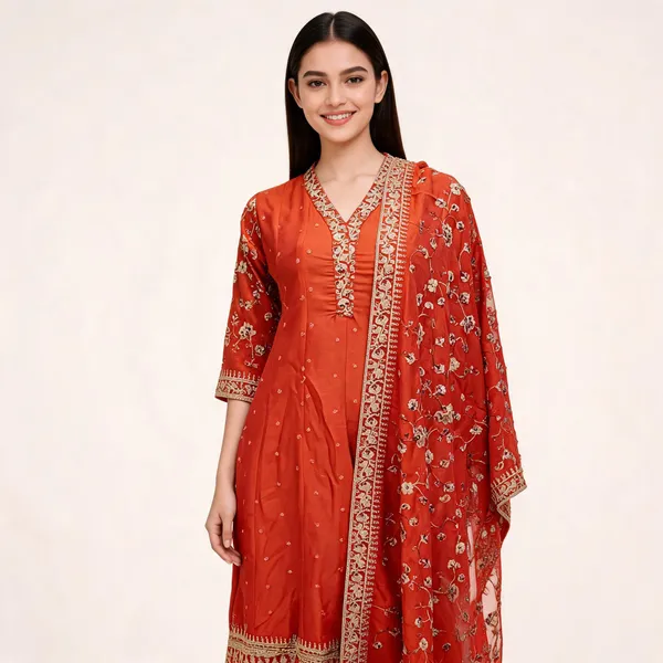 Burnt_Orange_Vichitra_Anarkali_Top_Pant_Dupatta_Set_For_Women