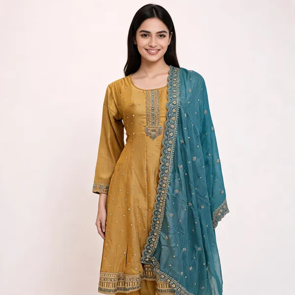 Lemon_Yellow_Vichitra_Anarkali_Top_Pant_Dupatta_Set_For_Women