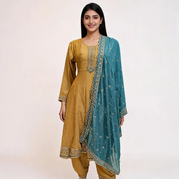 Lemon_Yellow_Vichitra_Anarkali_Top_Pant_Dupatta_Set_For_Women