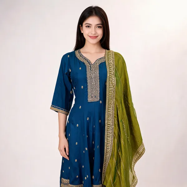 Teal_Blue_Vichitra_Anarkali_Top_Pant_Dupatta_Set_For_Women