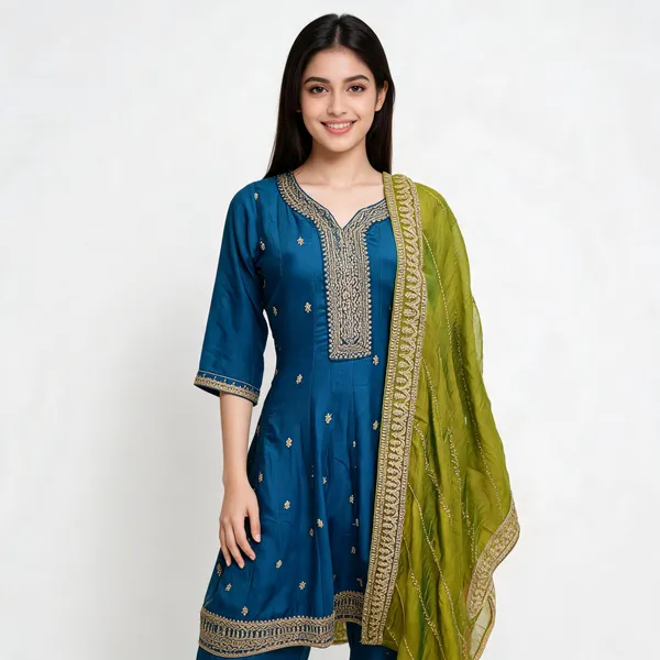 Teal_Blue_Vichitra_Anarkali_Top_Pant_Dupatta_Set_For_Women