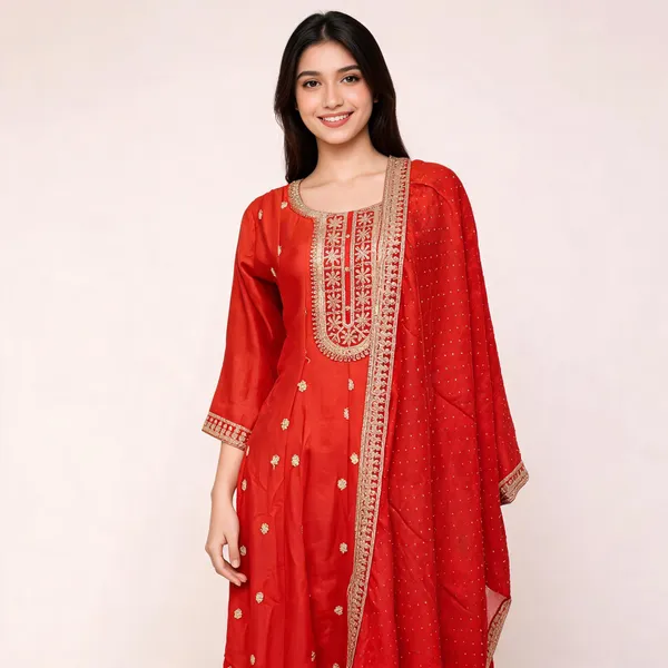 Burnt_Orange_Vichitra_Bordered_Anarkali_Top_Pant_Dupatta_Set_For_Women