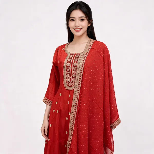 Burnt_Orange_Vichitra_Bordered_Anarkali_Top_Pant_Dupatta_Set_For_Women