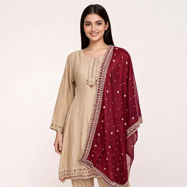 Beige_Maroon_Vichitra_Anarkali_Top_Pant_Dupatta_For_Women