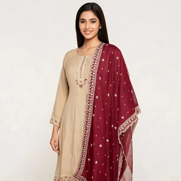 Beige_Maroon_Vichitra_Anarkali_Top_Pant_Dupatta_For_Women
