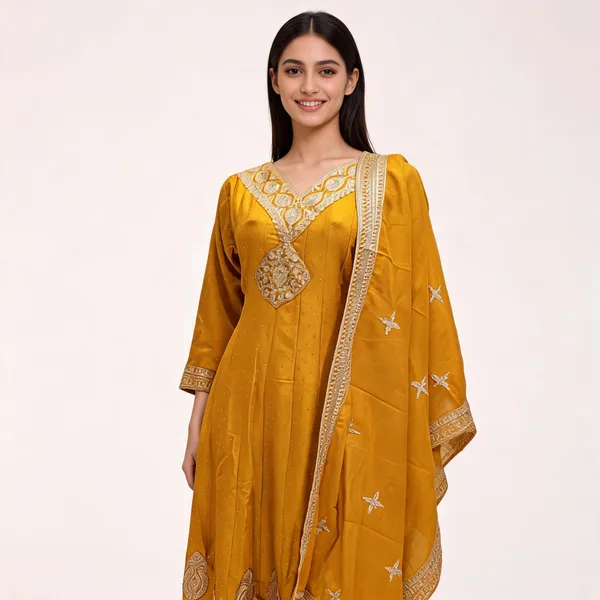 Yellow_Vichitra_Anarkali_Top_Pant_Dupatta_For_Women
