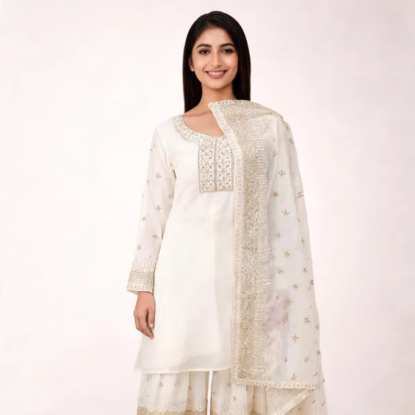White_Georgette_Palazzo_Top_Pant_Dupatta_For_Women