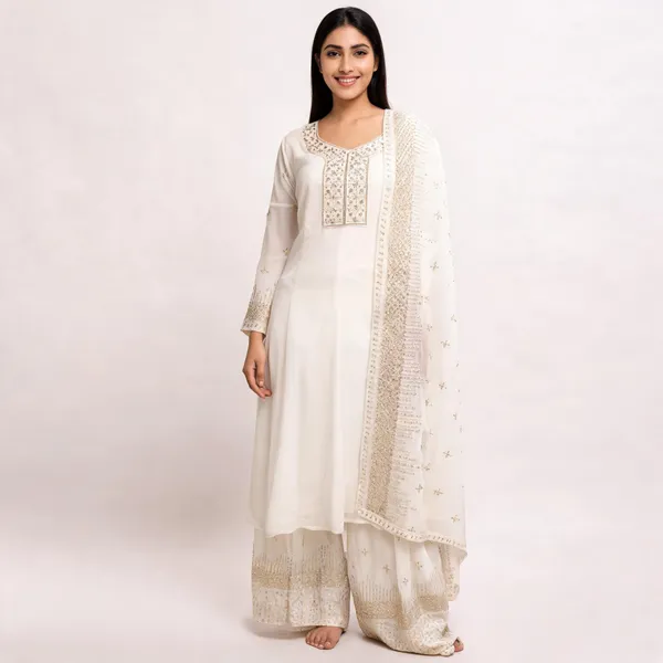 White_Georgette_Palazzo_Top_Pant_Dupatta_For_Women