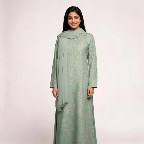 Sage_Green_Cotton_Embroidered_Abaya_With_Scarf_For_Women