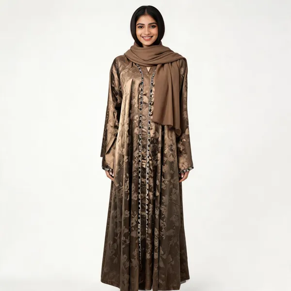 Brown_Cotton_Hand_Work_Abaya_With_Scarf_For_Women