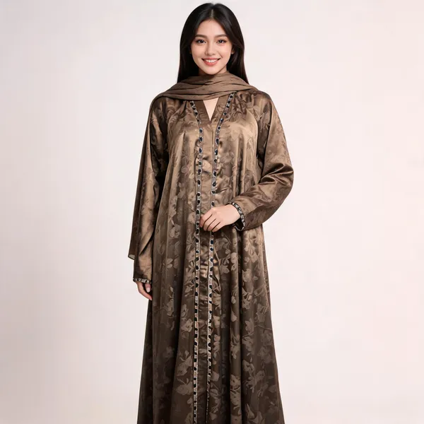 Brown_Cotton_Hand_Work_Abaya_With_Scarf_For_Women