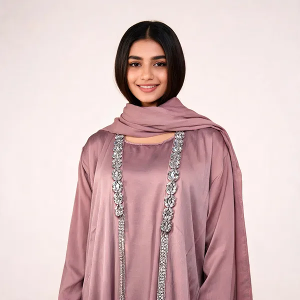 Peach_Cotton_Stone_Work_Jacket_Abaya_With_Scarf_For_Women