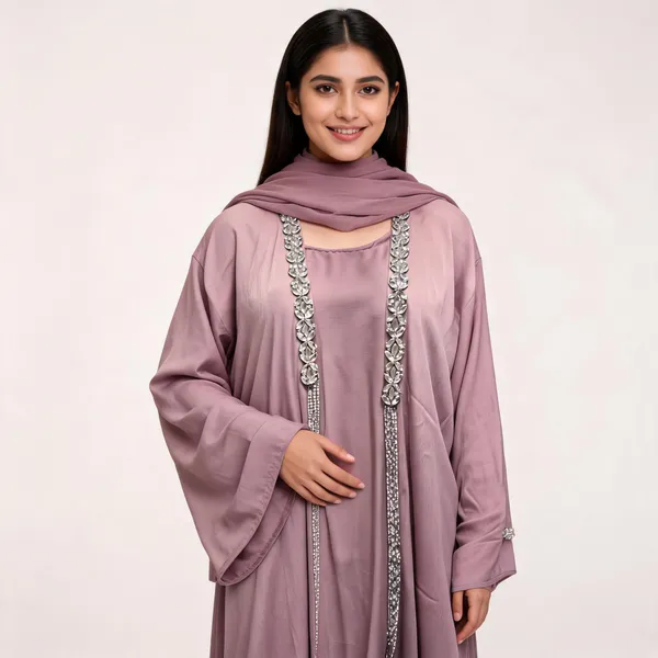 Peach_Cotton_Stone_Work_Jacket_Abaya_With_Scarf_For_Women