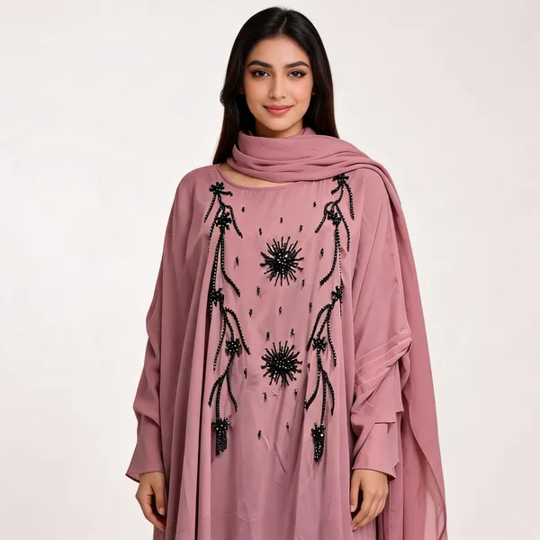 Peach_Cotton_Hand_Work_Abaya_With_Scarf_For_Women