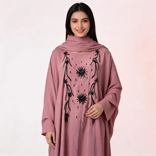 Peach_Cotton_Hand_Work_Abaya_With_Scarf_For_Women