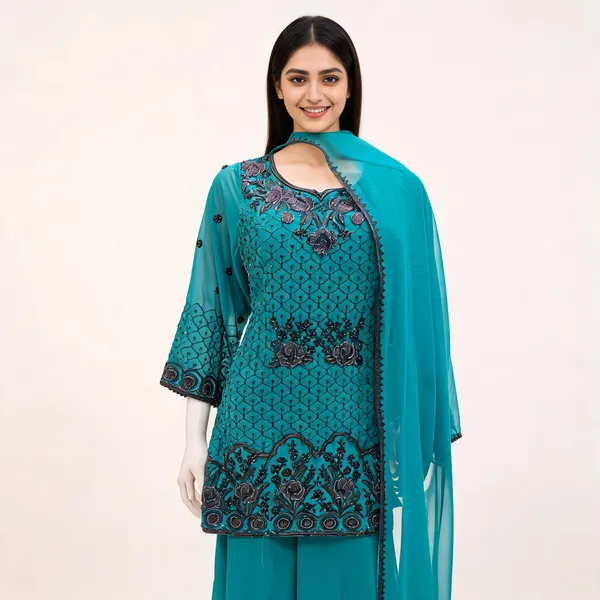 Green_Georgette_Embroidered_Top_Pant_Dupatta_For_Women