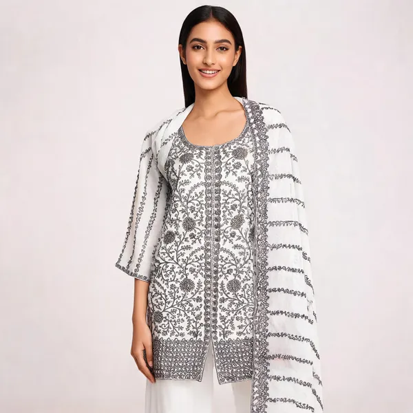 White_Black_Georgette_Plazo_Top_Pant_Dupatta_Set_For_Women