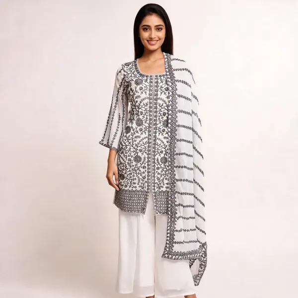 White_Black_Georgette_Plazo_Top_Pant_Dupatta_Set_For_Women