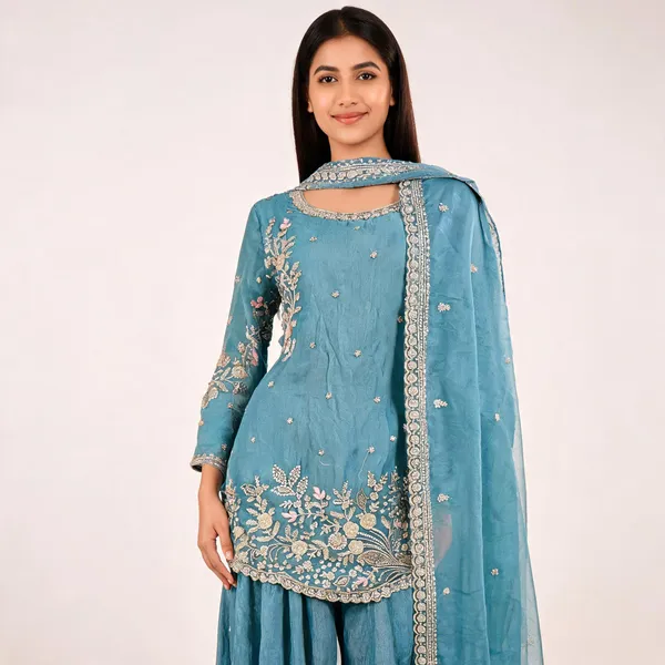 Cyan_Blue_Georgette_Embellished_Plazo_Top_Pant_Dupatta_Set_For_Women