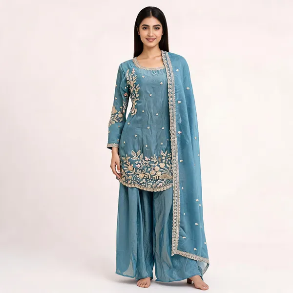 Cyan_Blue_Georgette_Embellished_Plazo_Top_Pant_Dupatta_Set_For_Women