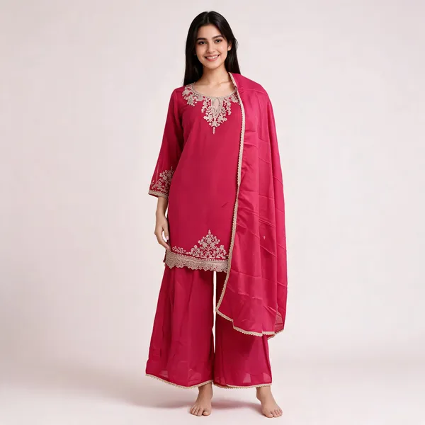 Rani_Pink_Vichitra_Zari_Border_Plazo_Top_Pant_Dupatta_For_Women