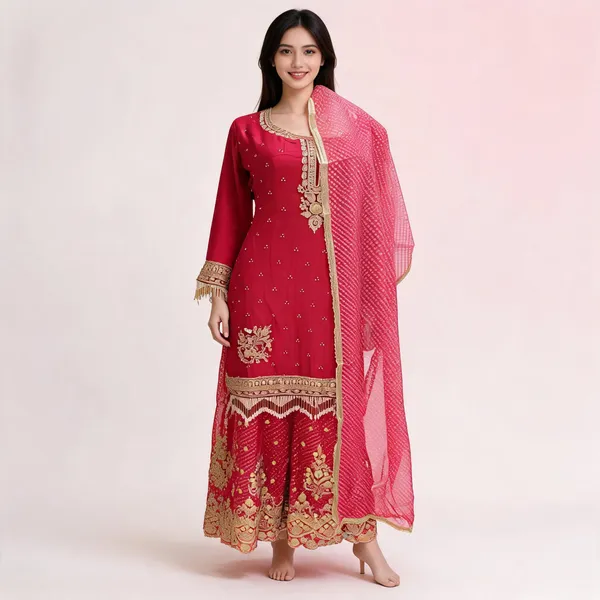 Tomato_Soft_Silk_Bandhani_Print_Plazo_Top_Pant_Dupatta_For_Women
