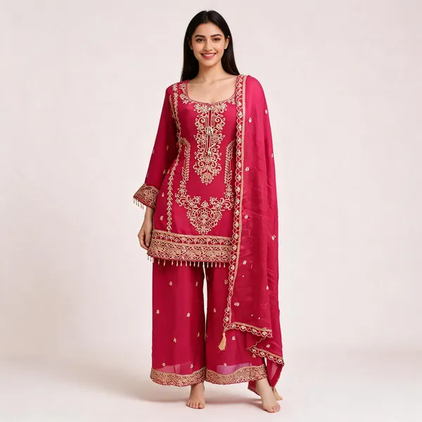 Rani_Pink_Vichitra_Zari_Border_Plazo_Top_Pant_Dupatta_For_Women
