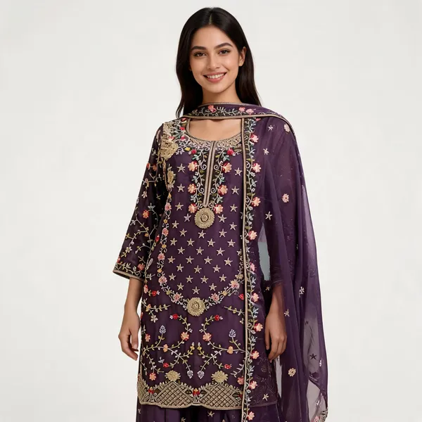 Lavender_Georgette_Hand_Work_Plazo_Top_Pant_Dupatta_For_Women