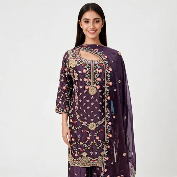 Lavender_Georgette_Hand_Work_Plazo_Top_Pant_Dupatta_For_Women