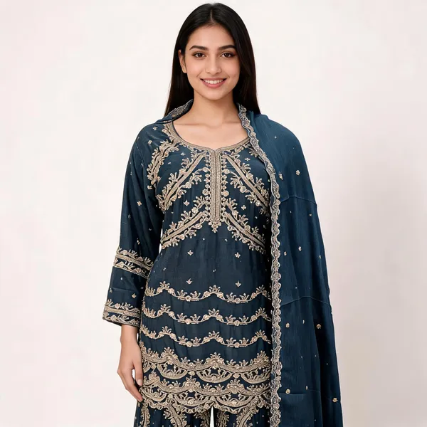 Teal_Blue_Vichitra_Embroidered_Plazo_Top_Pant_Dupatta_Set_For_Women