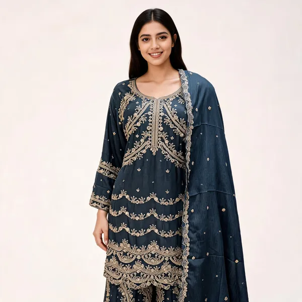 Teal_Blue_Vichitra_Embroidered_Plazo_Top_Pant_Dupatta_Set_For_Women