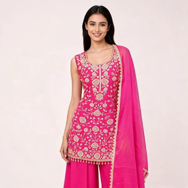 Rani_Pink_Georgette_Embellished_Knee_Length_Top_Pant_Dupatta_For_Women