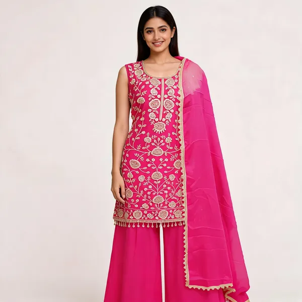 Rani_Pink_Georgette_Embellished_Knee_Length_Top_Pant_Dupatta_For_Women