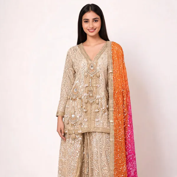 Cream_Georgette_Sequin_Indo_Western_Top_Pant_Dupatta_For_Women