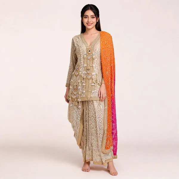 Cream_Georgette_Sequin_Indo_Western_Top_Pant_Dupatta_For_Women