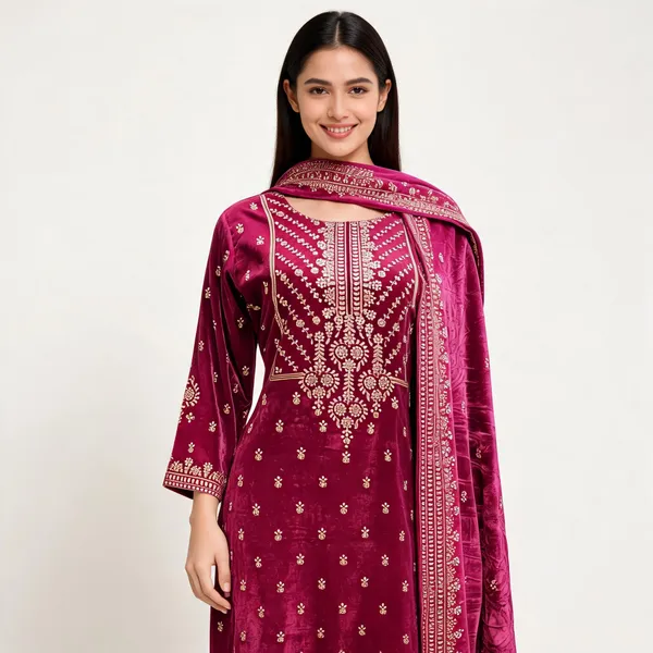Wine_Velvet_Embossed_Foil_Print_Stone_Work_Top_Pant_Dupatta_For_Women