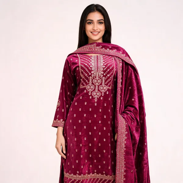 Wine_Velvet_Embossed_Foil_Print_Stone_Work_Top_Pant_Dupatta_For_Women