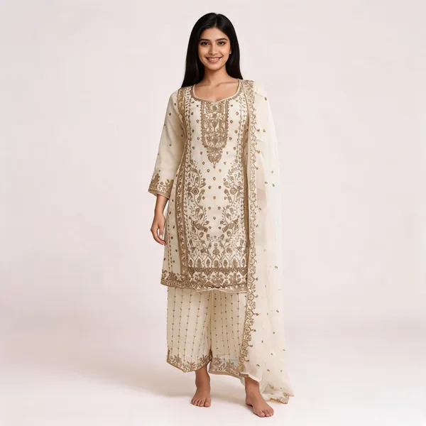 White_Georgette_Cut_Work_Palazzo_Kurta_Dupatta_Set_For_Women