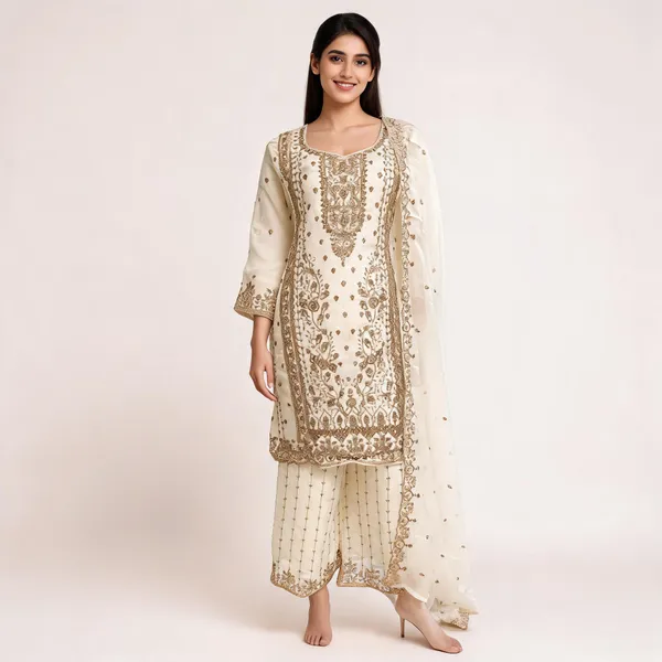 White_Georgette_Cut_Work_Palazzo_Kurta_Dupatta_Set_For_Women