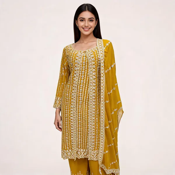 Yellow_Georgette_Dori_Mirror_Stone_Work_Kurta_Pant_Dupatta_Set_For_Women