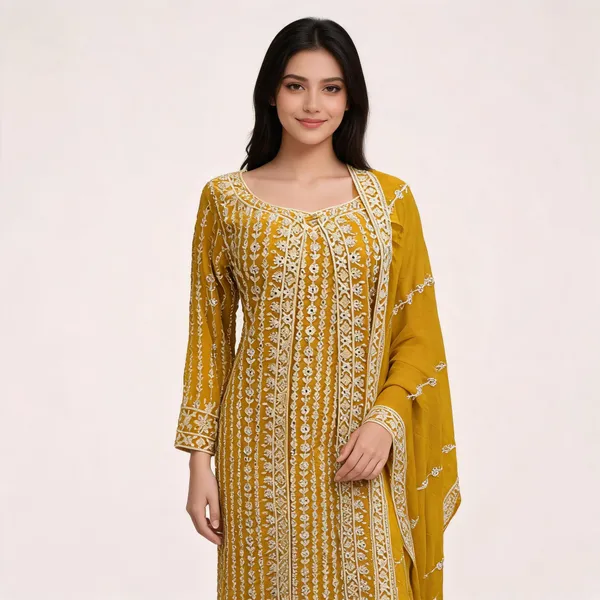 Yellow_Georgette_Dori_Mirror_Stone_Work_Kurta_Pant_Dupatta_Set_For_Women