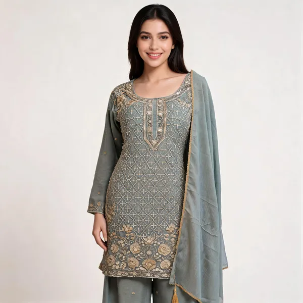 Cyan_Green_Vichitra_Embroidered_Border_Kurta_Pant_Dupatta_Set_For_Women