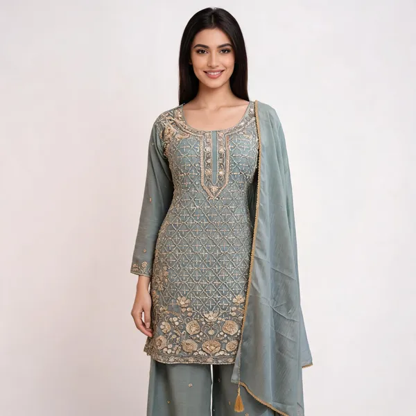 Cyan_Green_Vichitra_Embroidered_Border_Kurta_Pant_Dupatta_Set_For_Women