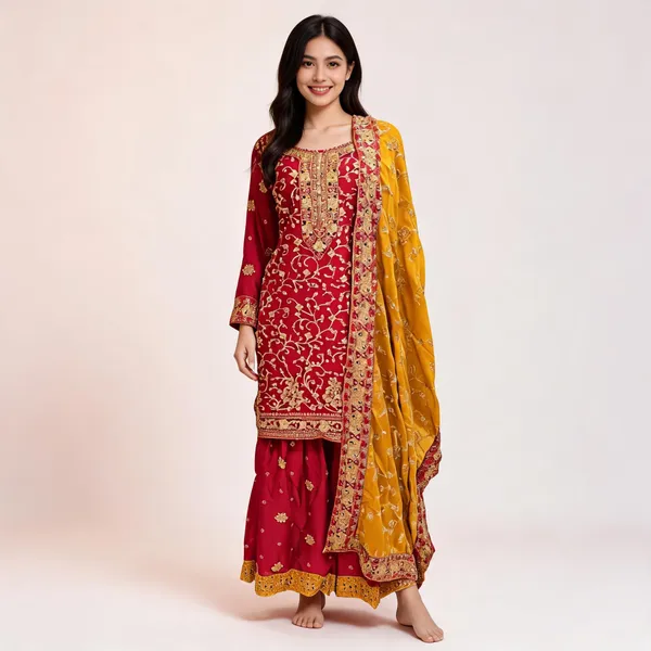Rani_Pink_Vichitra_Embroidered_Kurta_Pant_Dupatta_Set_For_Women