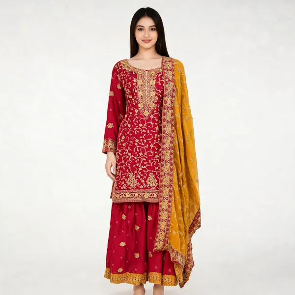 Rani_Pink_Vichitra_Embroidered_Kurta_Pant_Dupatta_Set_For_Women