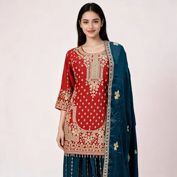 Burnt_Orange_Vichitra_Cut_Work_Palazzo_Kurta_Dupatta_Set_For_Women